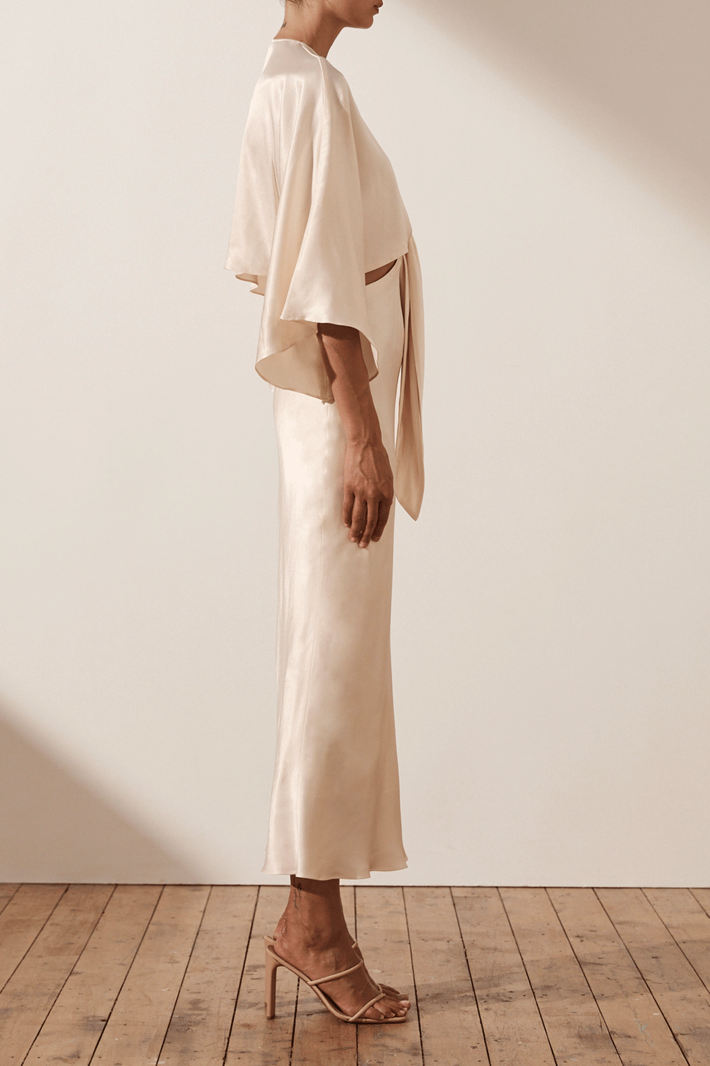 LA LUNE TIE FRONT BIAS MIDI DRESS - CREAM