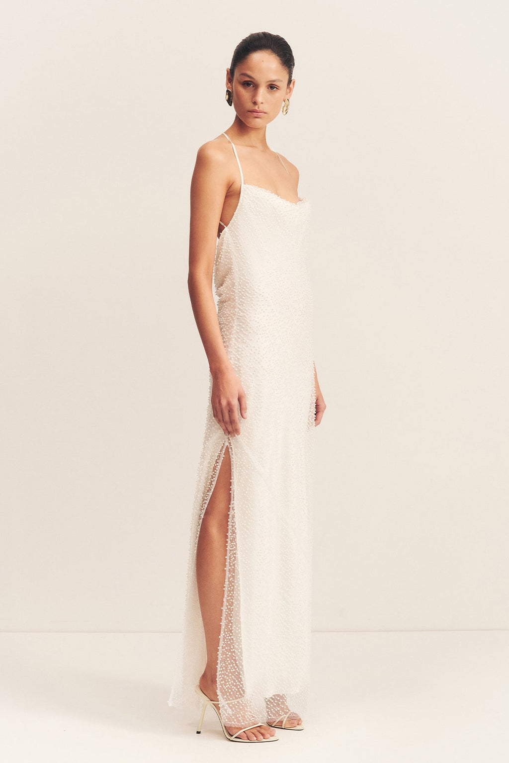 IRIDESCENT DOUBLE COWL OPEN BACK MAXI DRESS