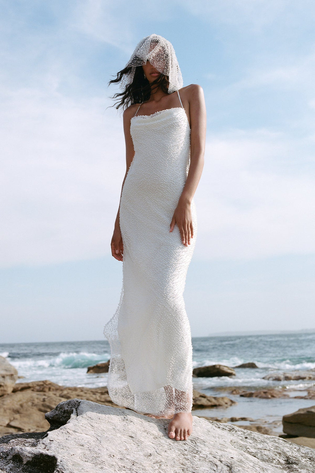 IRIDESCENT DOUBLE COWL OPEN BACK MAXI DRESS